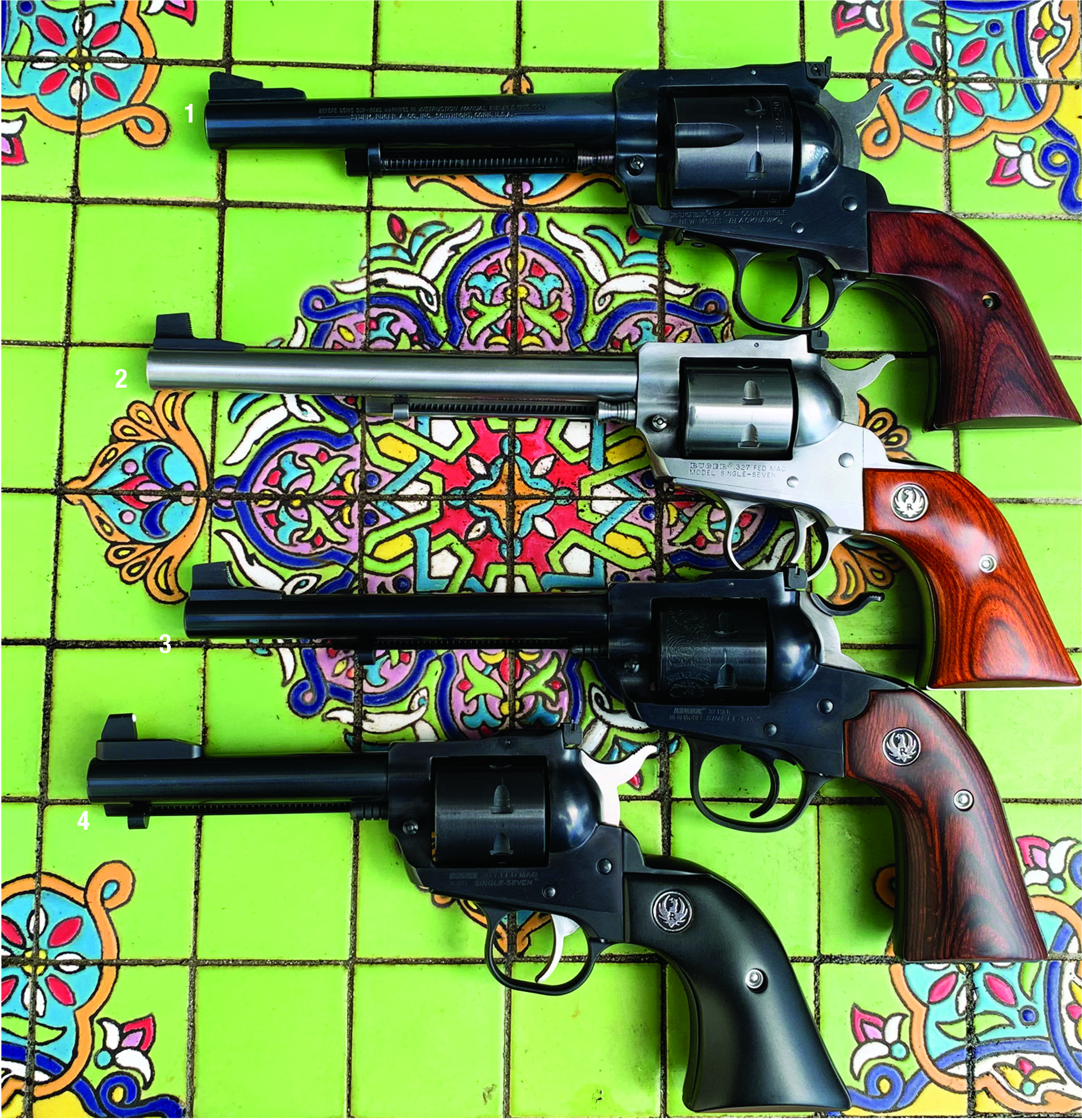 Guns used for testing: (1) Ruger Buckeye Sports 32-20 Blackhawk, (2) Ruger 327 Federal Single-Seven, (3) Ruger Bisley 32 H&R Single-Six and (4) Lipsey’s Exclusive 327 Federal.